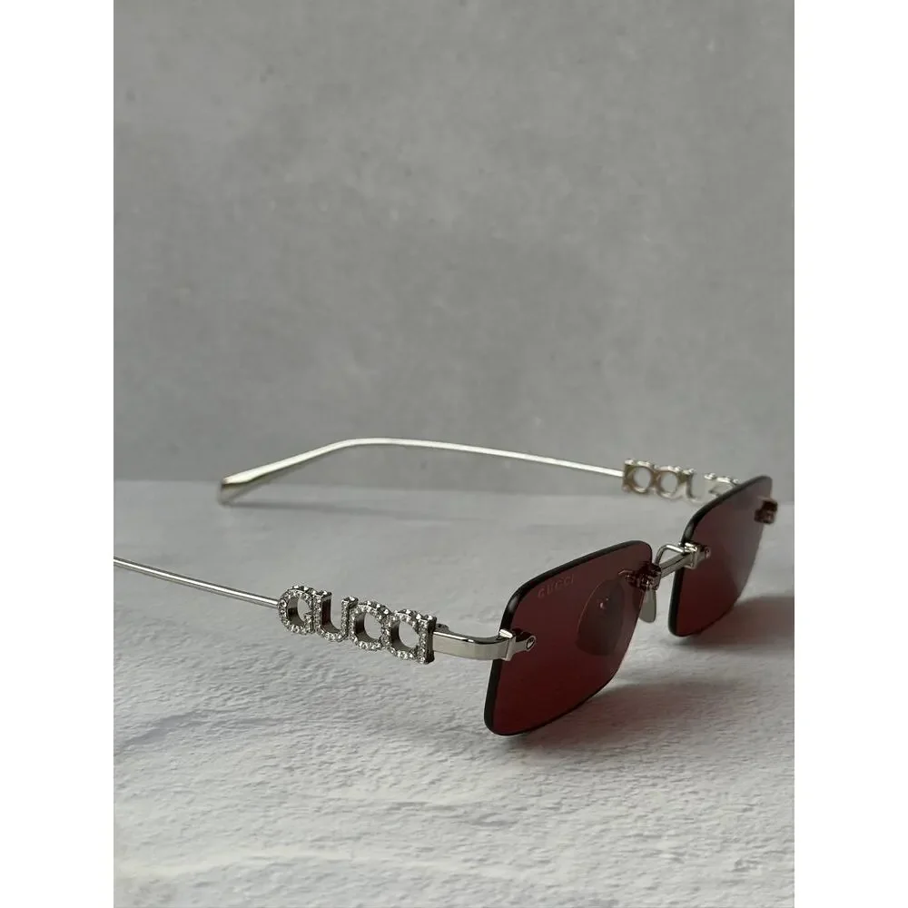 NEW Gucci GG1808S Silver Crystal Rimless Red Lens Sunglasses
